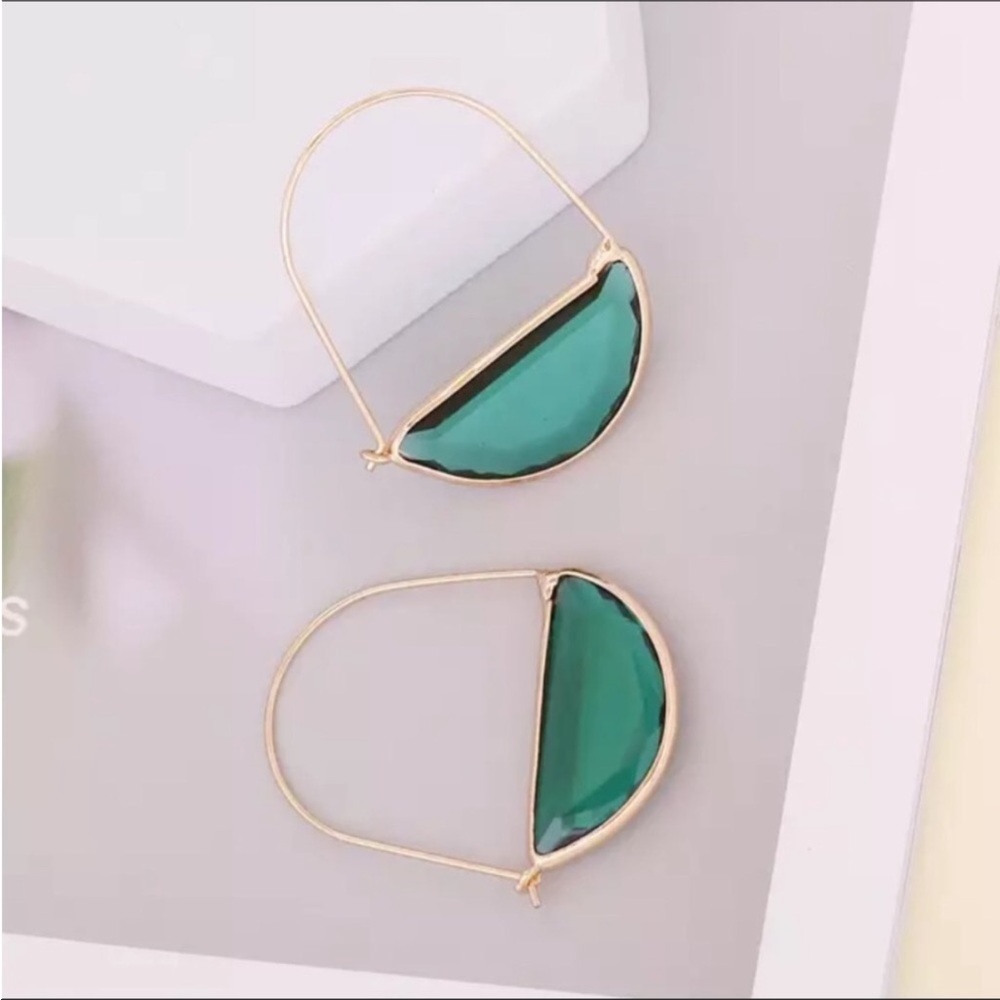 Green Glass Crescent Hoop Earrings - Picture 1 of 4